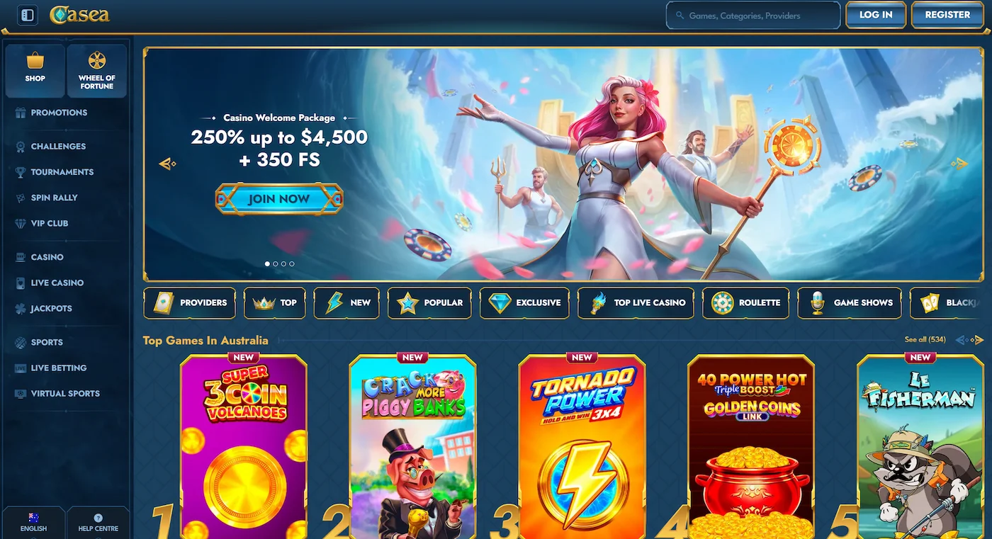 Casea casino page featuring welcome package, top online pokies and site navigation